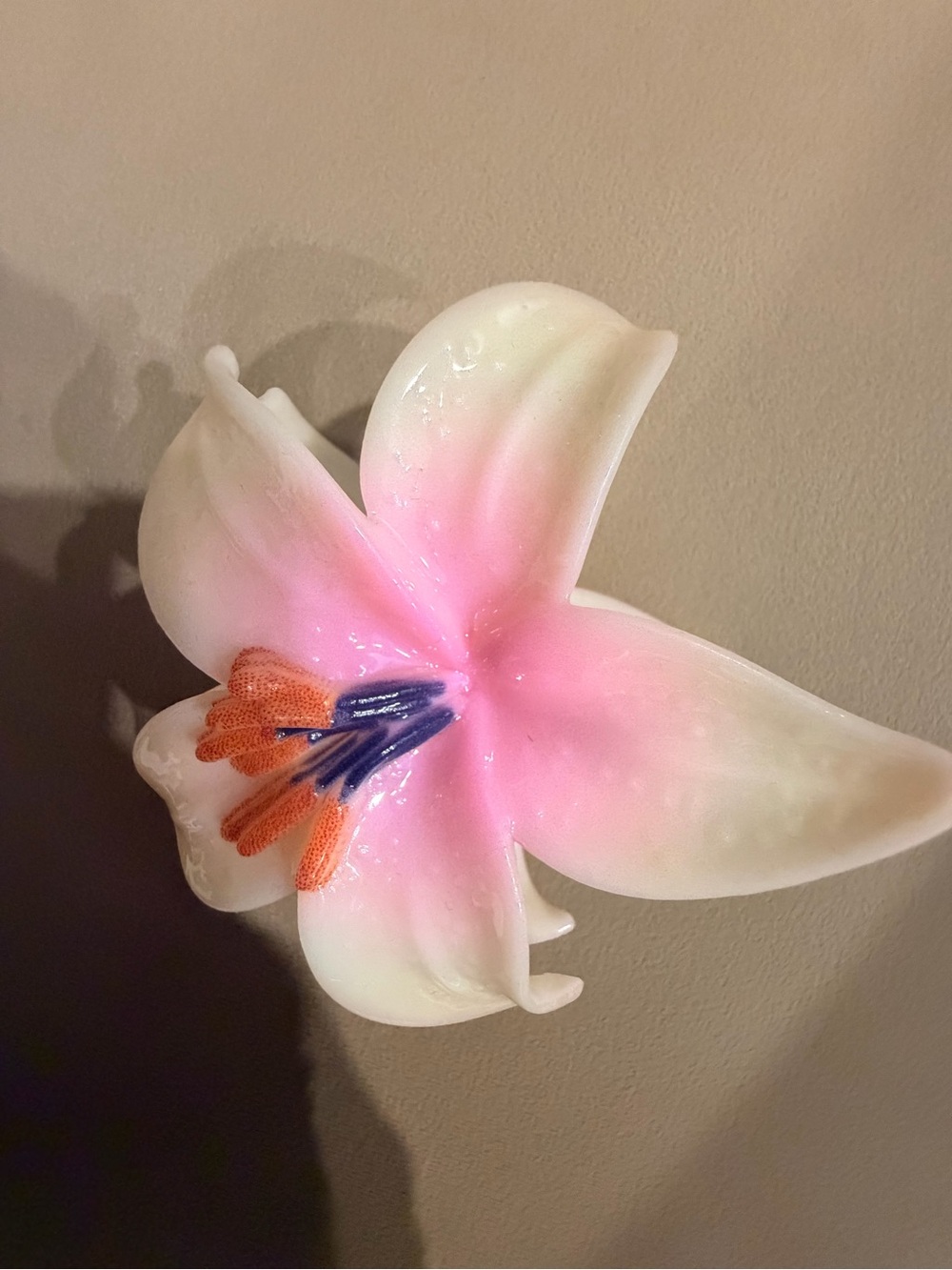Pink and White Floral Hair Clip with Blue and Orange Stamen Accent